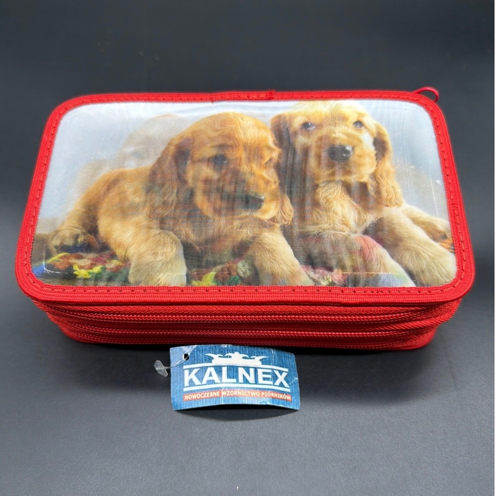 Kalnex Red Triple Zipper Pencil Case Golden Retriever Puppy Polish School Supply